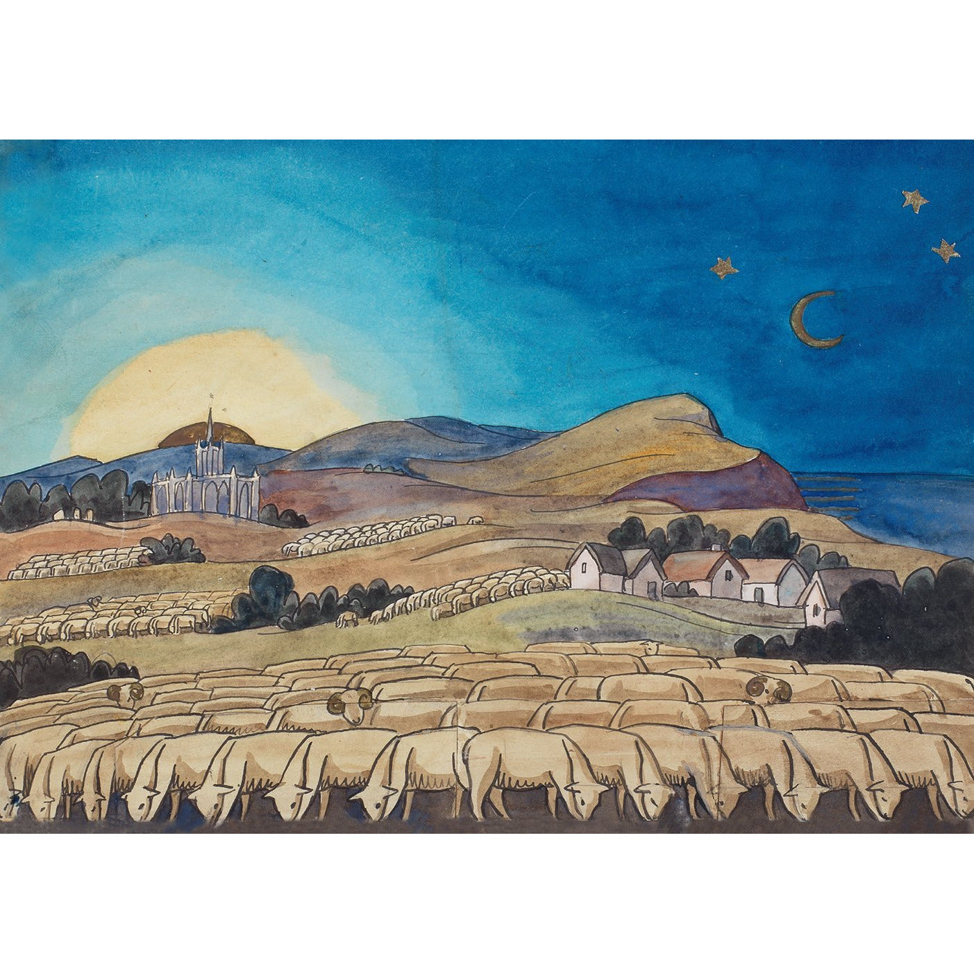 Christmas card pack - Evening Landscape with Sheep by Gwen Raverat. From the collection of the Fitzwilliam Museum, brought to you by CuratingCambridge.co.uk