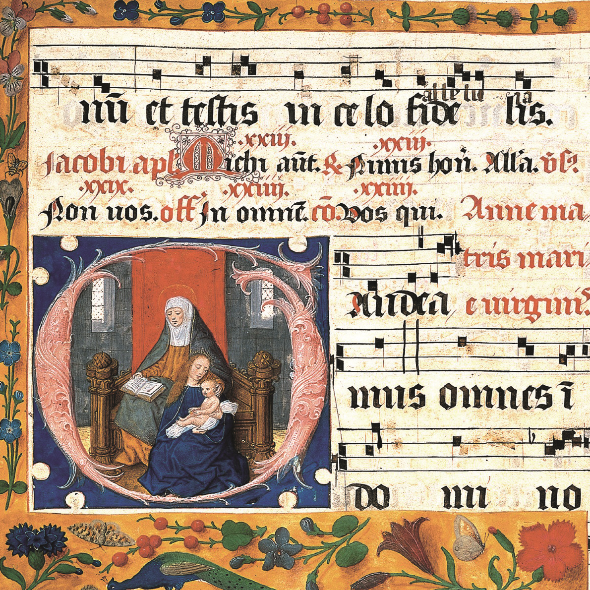 Small square Christmas card with detail from a musical manuscript. One illuminated letter with the Virgin and Child and St Anne. From the collection of The Fitzwilliam Museum.