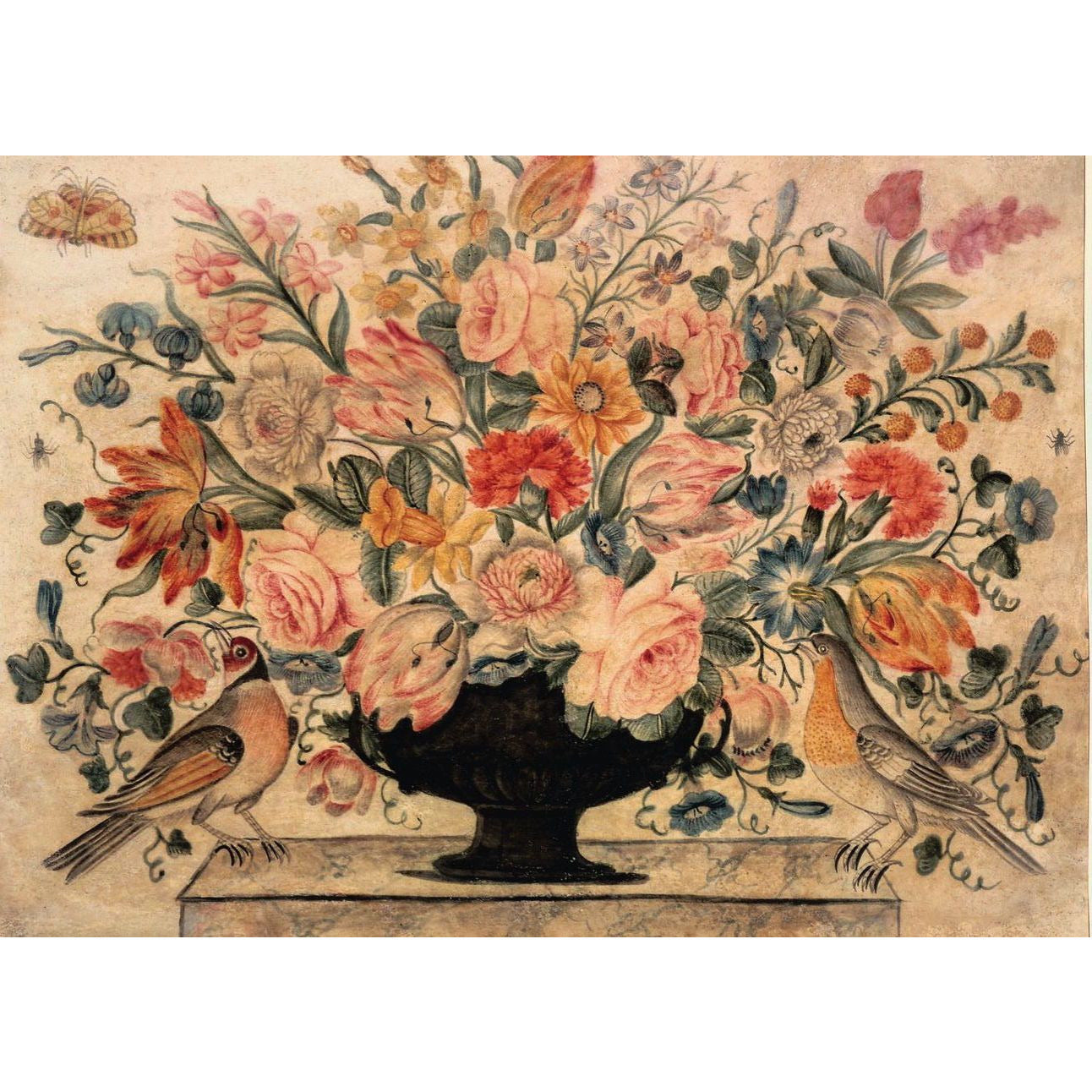 Greeting card - An urn with flowers including roses and carnations, in an urn on a ledge with two birds. Attributed to Octavianus Montfort. From the Broughton Collection of The Fitzwilliam Museum, brought to you by CuratingCambridge.com