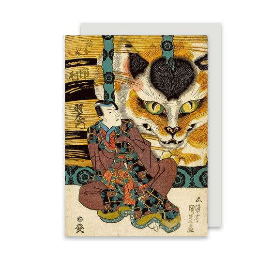 A greeting card featuring a traditional Japanese woodblock print depicting a costumed actor beside a stylized, large cat.