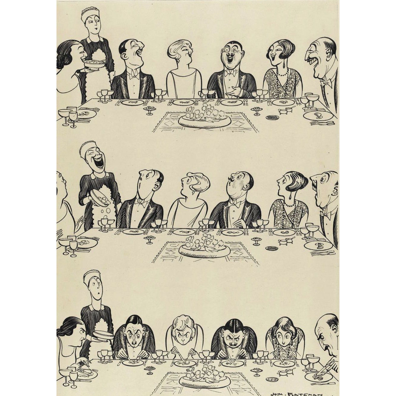 Greeting card with cartoon strip 'The Maid who was but Human' by HE Bateman. From the collection of The Fitzwilliam Museum, brought to you by CuratingCambridge.com