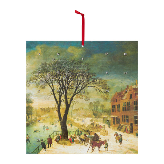 Large Square Advent Calendar with red hanging ribbon. Winter Scene image by Jacques Fouquier. From the collection of the Fitzwilliam Museum.