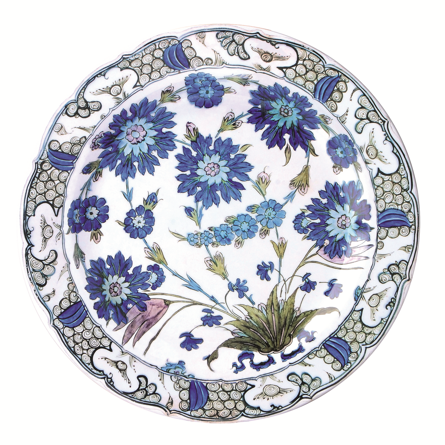 Enamelled tin plate with floral design in shades of blue on white background. From the Iznik ceramics collection of the Fitzwilliam Museum.