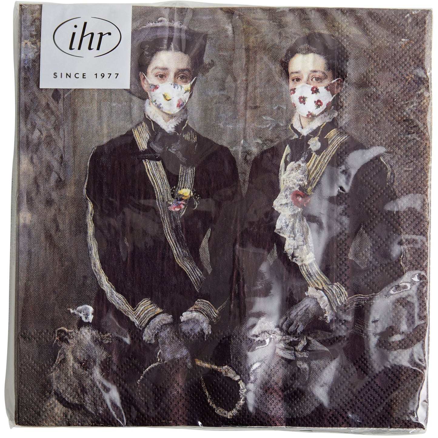 Pack of 20 paper napkins - The Twins, Kate and Grace Hoare, by John Everett Millais. Portrait of the twins in riding outfits with the addition of floral face masks. From the collection of The Fitzwilliam Museum, brought to you by CuratingCambridge.