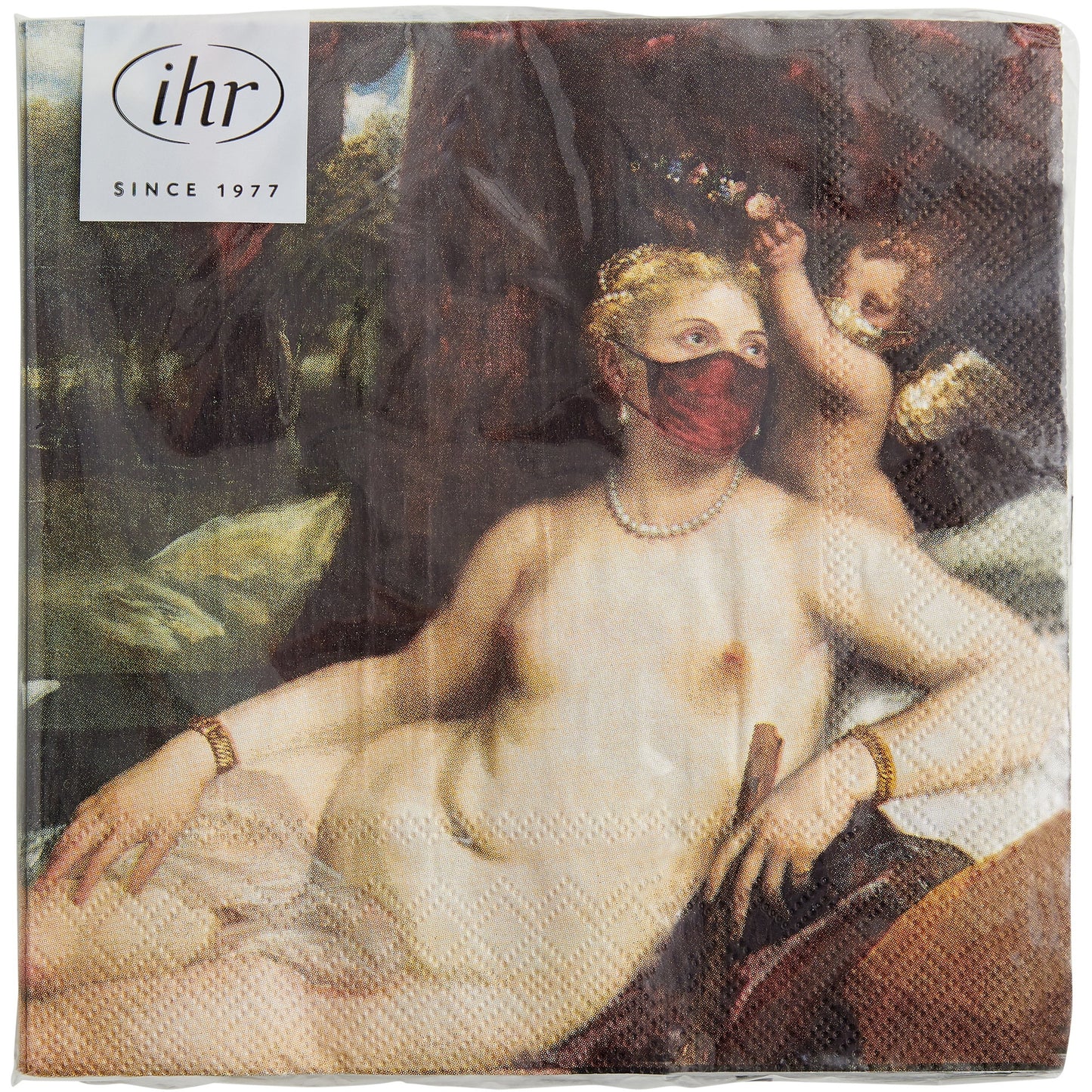 Pack of 20 paper napkins - reworked version of Venus and Cupid with a Lute-player by Titian. With added face masks. From the collection of The Fitzwilliam Museum, brought to you by CuratingCambridge.com