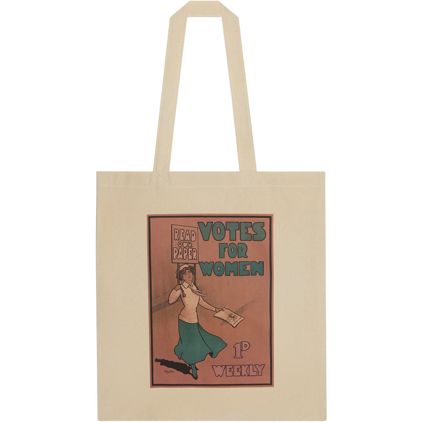 Cotton tote bag - Votes for Women print, artwork by Hilda Dallas. From the Rising Tide exhibition at Cambridge University Library, brought to you by CuratingCambridge.com