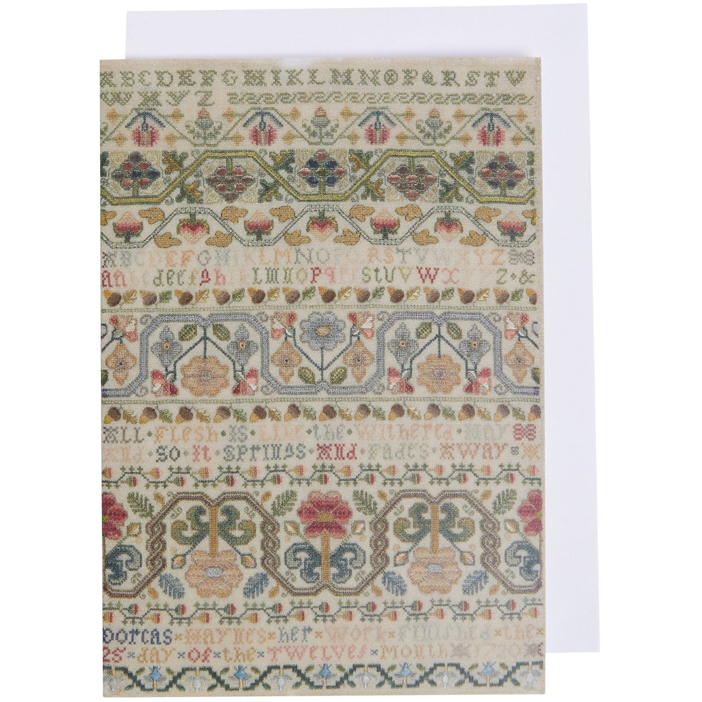 Notelet - band sampler with floral and lettering motifs, by Dorcas Haynes. From the collection of The Fitzwilliam Museum.