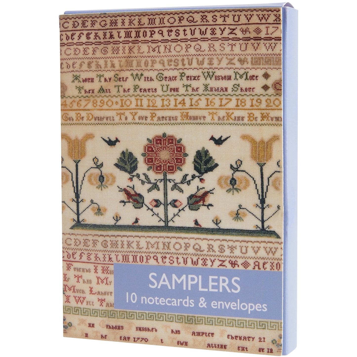 Notecard pack in presentation wallet. Embroidered samplers from The Fitzwilliam Museum. Brought to you by Curating Cambridge.com
