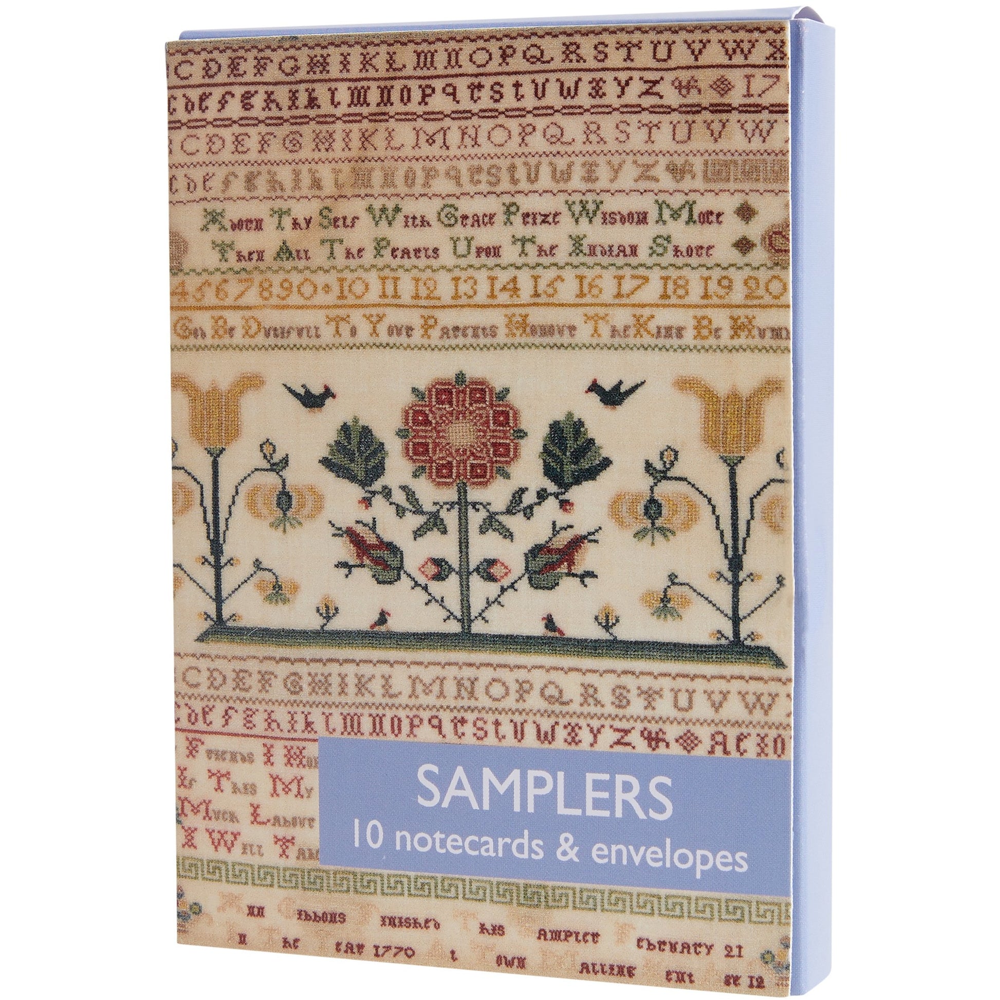 Notecard pack in presentation wallet. Embroidered samplers from The Fitzwilliam Museum. Brought to you by Curating Cambridge.com