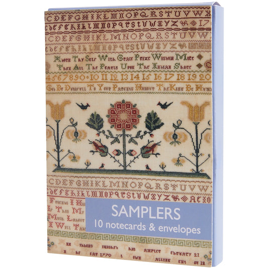 Notecard pack in presentation wallet. Embroidered samplers from The Fitzwilliam Museum. Brought to you by Curating Cambridge.com