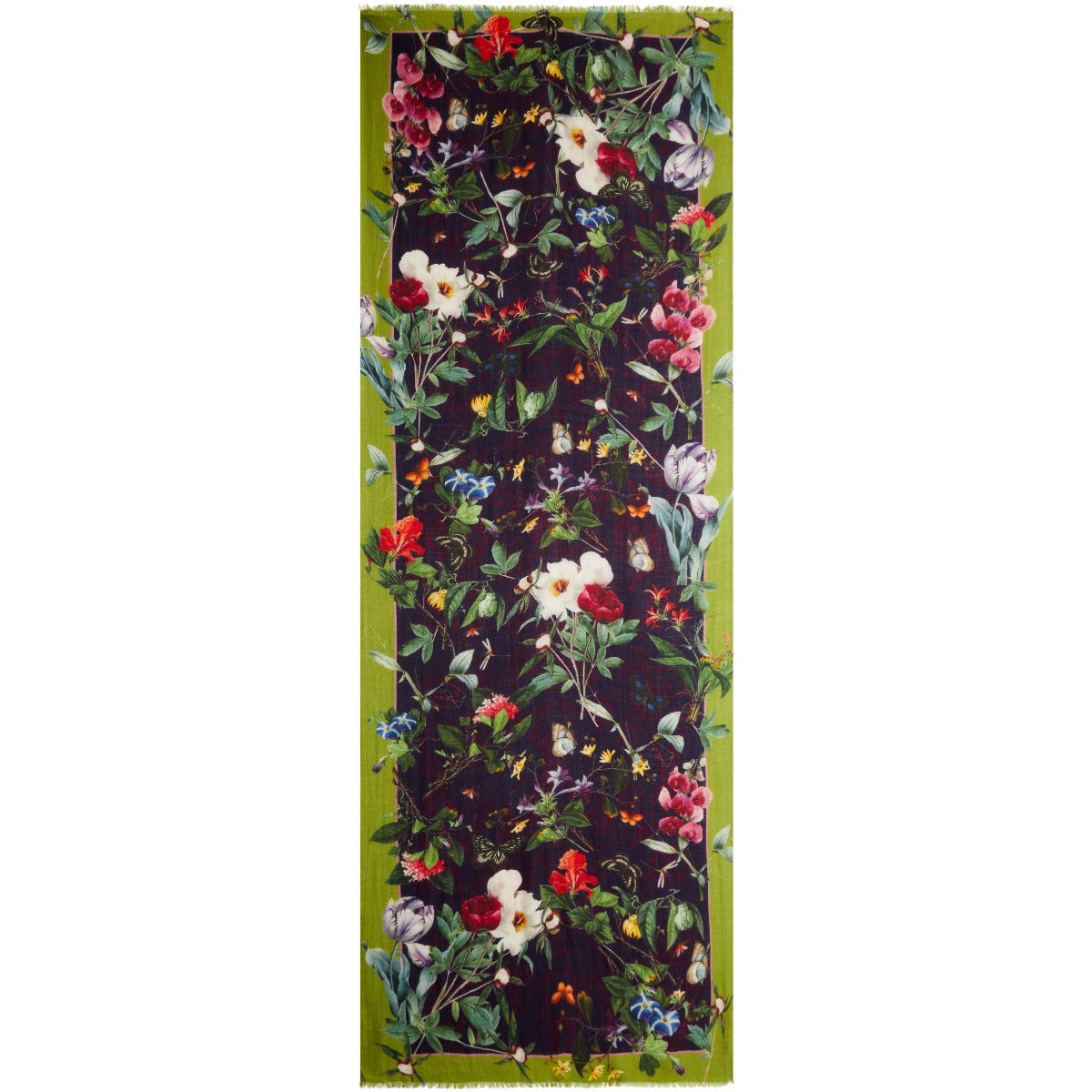 Silk and wool blend scarf, aubergine with lime border and floral patterns, from botanical studies by Louise d'Orleans. From the Broughton collection of The Fitzwilliam Museum, brought to you by CuratingCambridge.com