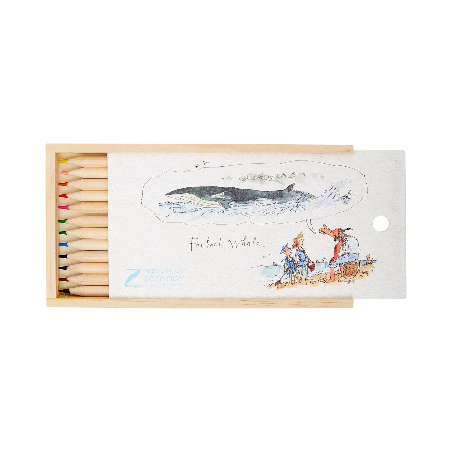 Wooden pencil case with blue finback whale design