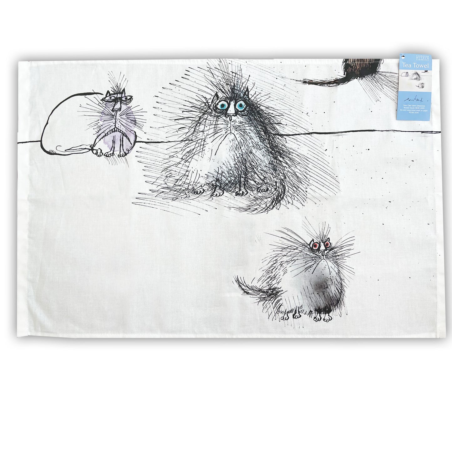 White tea towel with pen and ink illustrations of three cats, plus another cat's tail, by Ronald Searle. From the collection of the Fitzwilliam Museum.