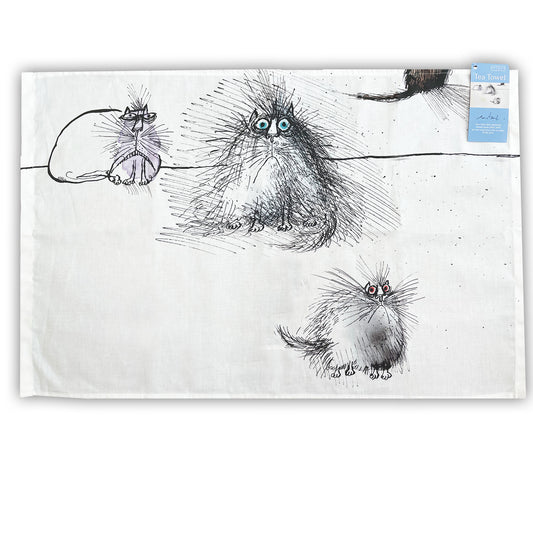 White tea towel with pen and ink illustrations of three cats, plus another cat's tail, by Ronald Searle. From the collection of the Fitzwilliam Museum.