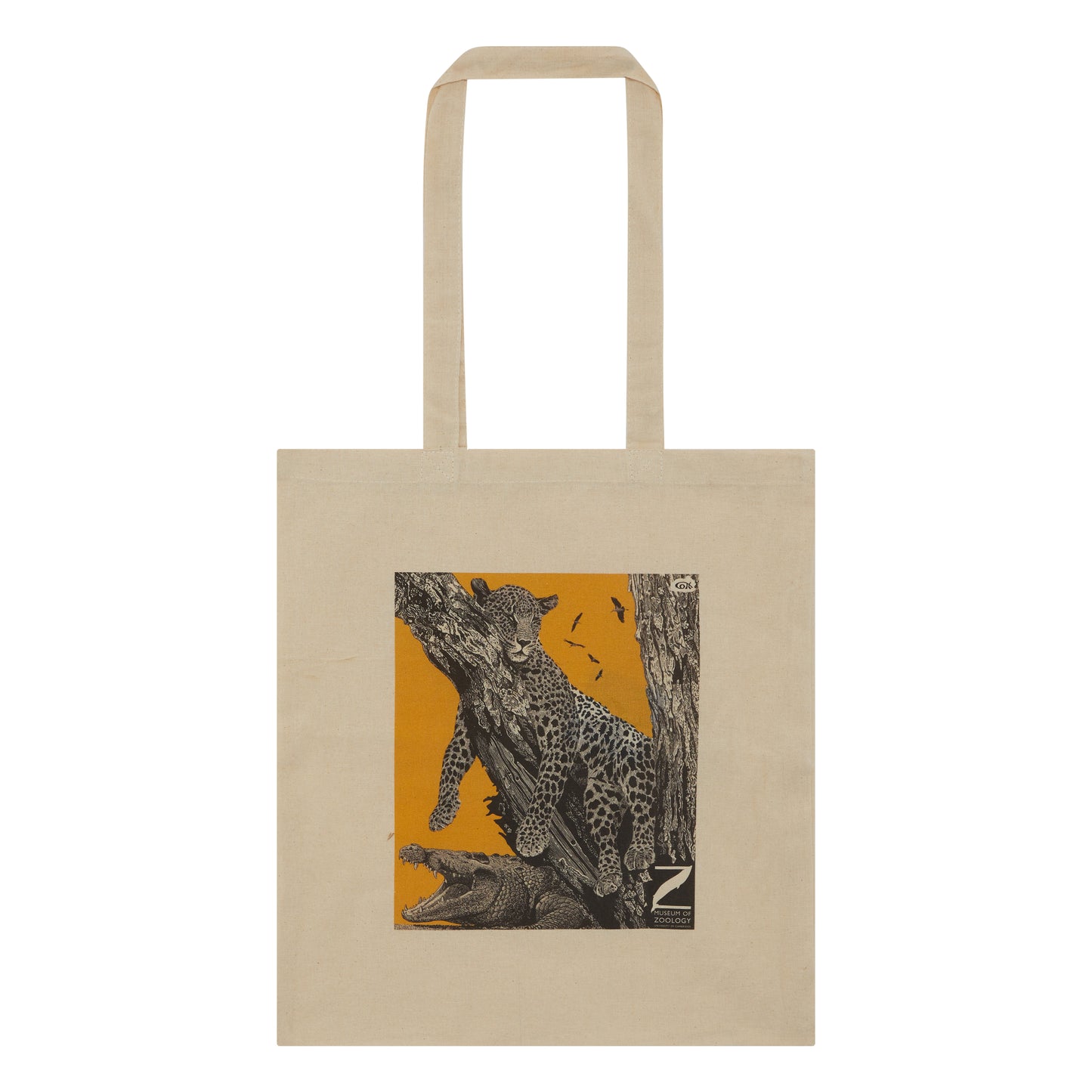 Tote bag, natural cotton with central print of leopard and crocodile against yellow. Museum of Zoology logo bottom right.
