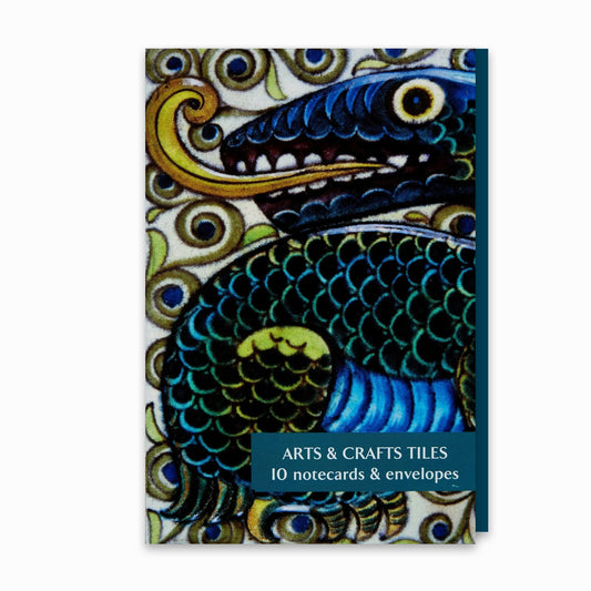 Packaging of Arts & Crafts Tiles notecard pack showing a colorful dragon design from a ceramic tile.