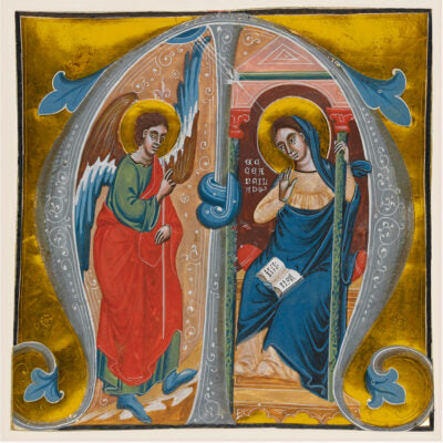 Christmas card pack - Annunication to the Virgin, or illuminated letter M. From the manuscript collection of The Fitzwilliam Museum, brought to you by CuratingCambridge.com