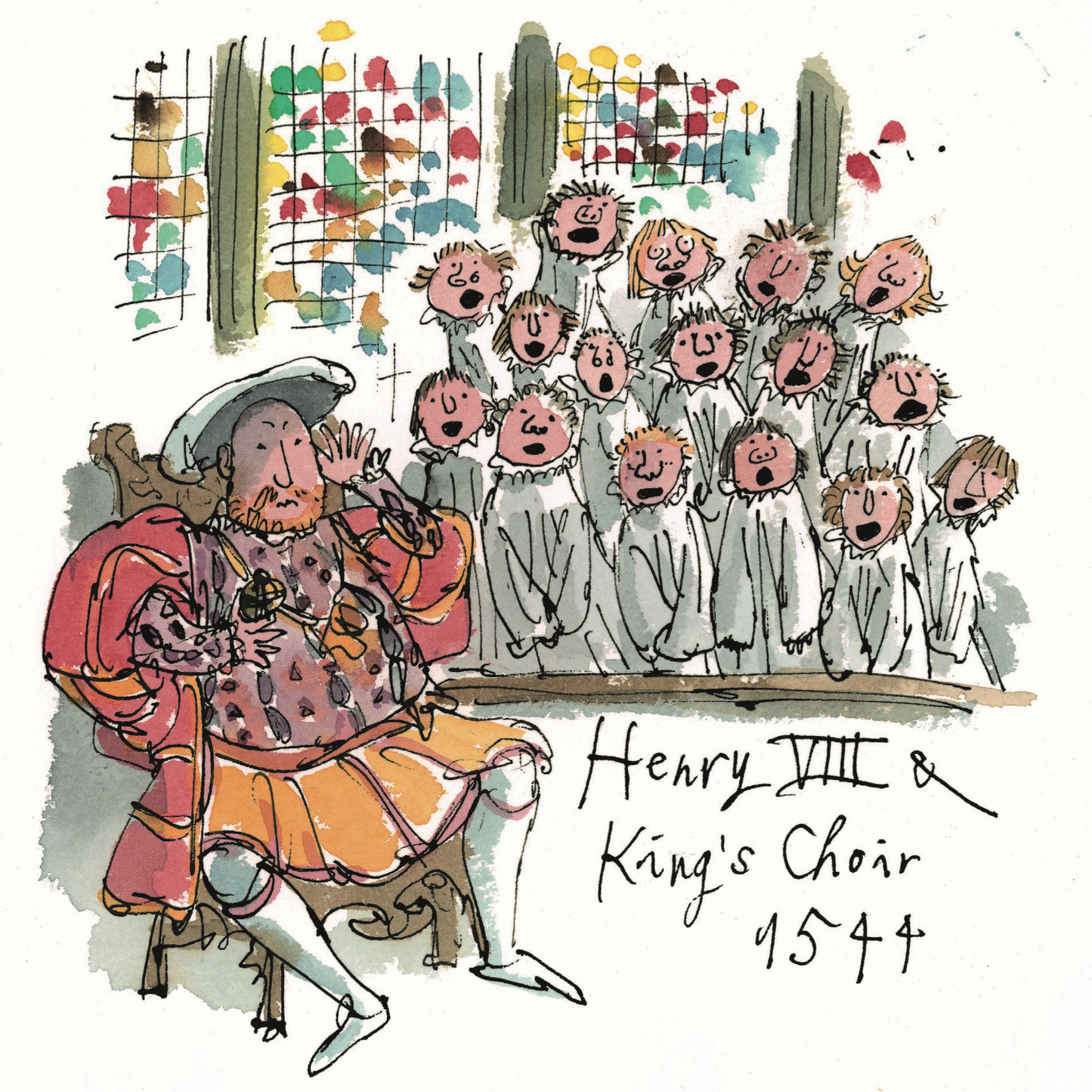 Large square Christmas card with Quentin Blake illustration of Henry VIII listening to King's College Choir, stained glass windows behind.