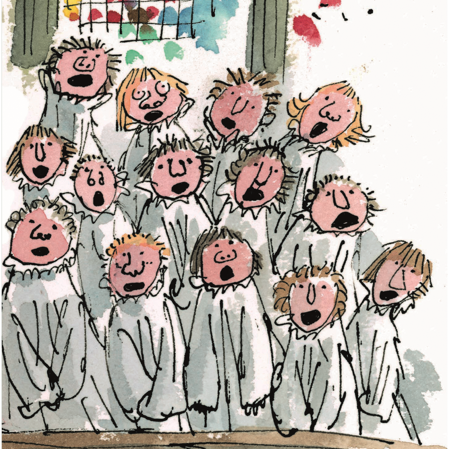 Small square Christmas card with illustration of Kings College Choir by Quentin Blake.