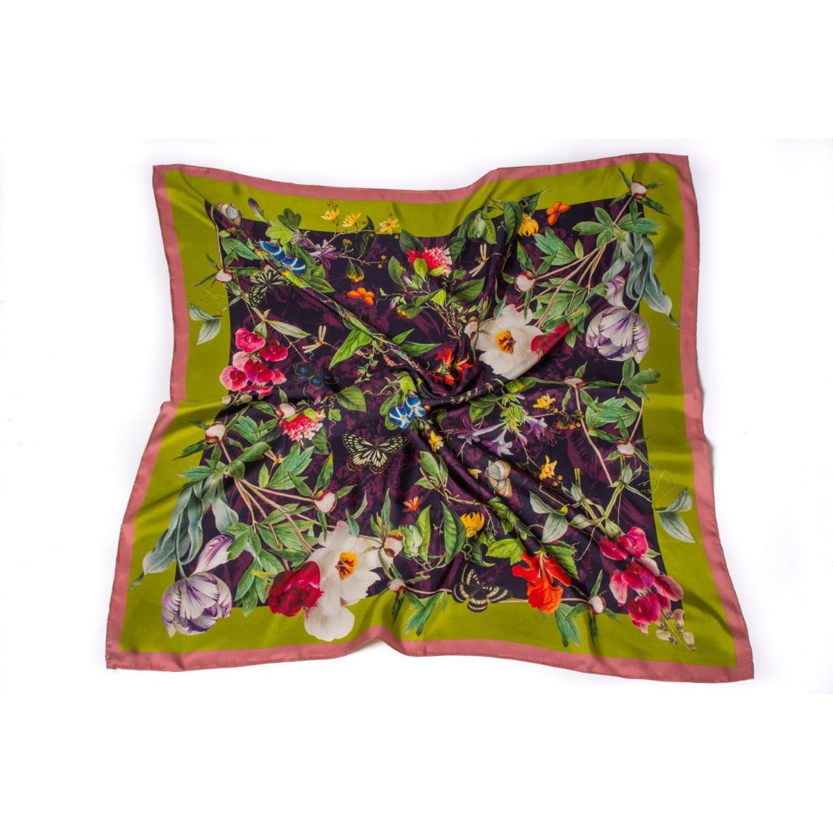 Silk square with botanical design on lime and aubergine background. Flower paintings by Louise d'Orleans. From the Broughton Collection of The Fitzwilliam Museum, brought to you by CuratingCambridge.com