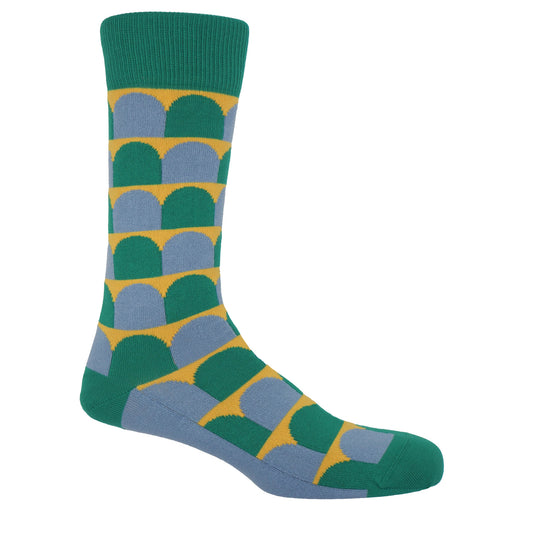 Green, blue and yellow socks inspired by impressionist painters.