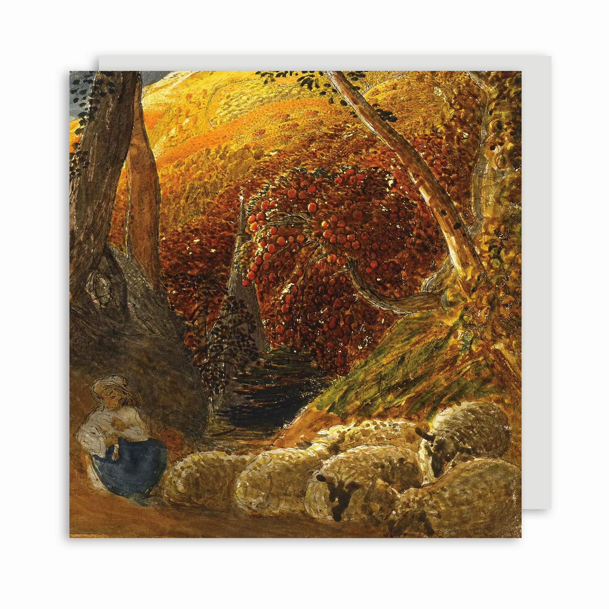 A greeting card featuring a artwork with a shepherd and his flock in a woodlands setting, with rich golden and red colors.