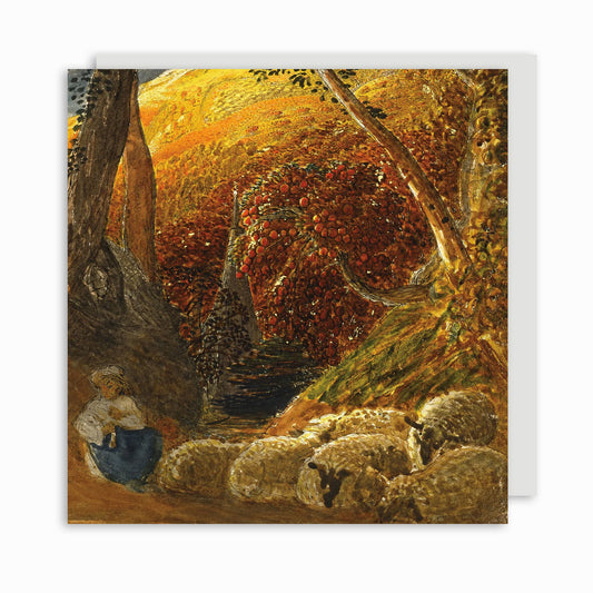 A greeting card featuring a artwork with a shepherd and his flock in a woodlands setting, with rich golden and red colors.