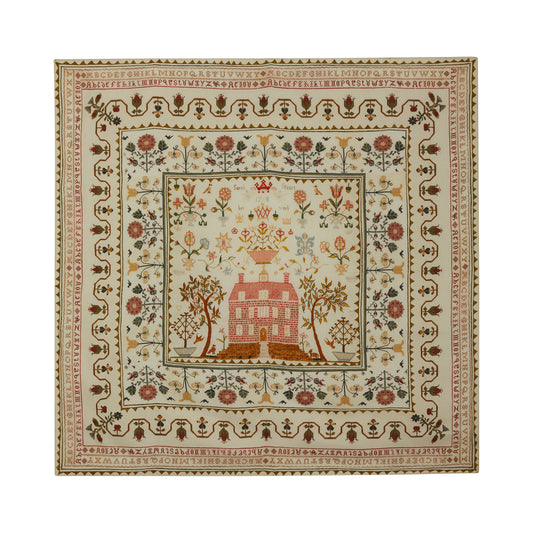 A 100% printed silk twill scarf with a central red house motif surrounded by floral borders on a taupe background.
