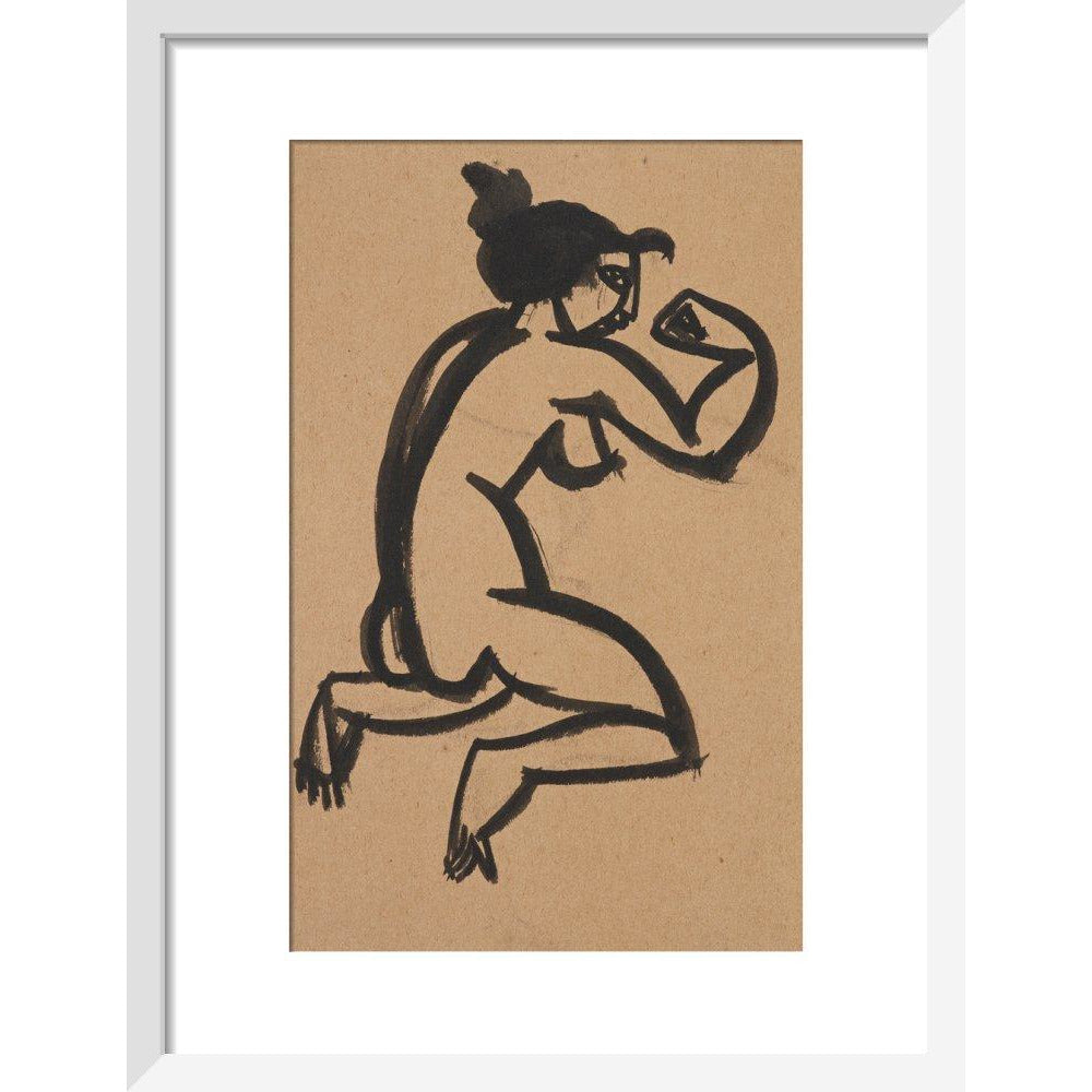 Female nude, kneeling and flexing right arm - Art print