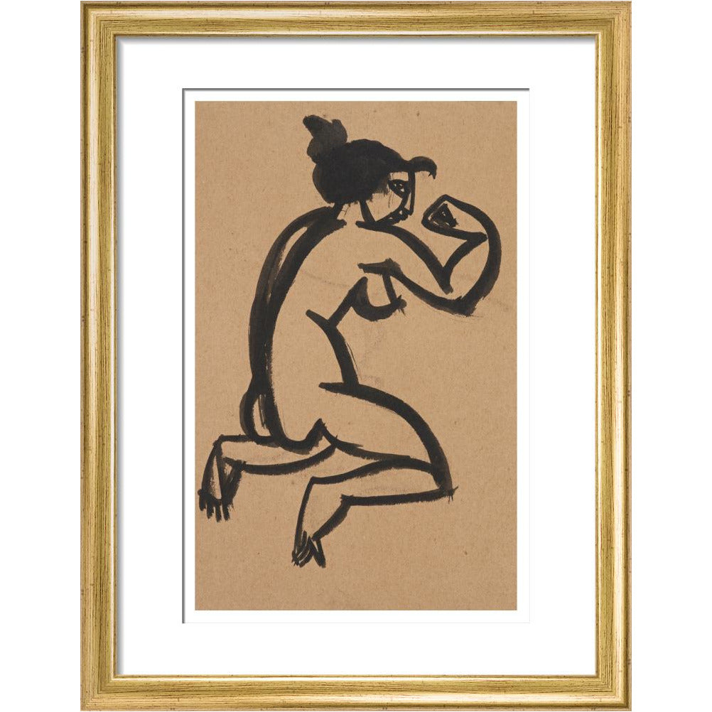 Female nude, kneeling and flexing right arm - Art print