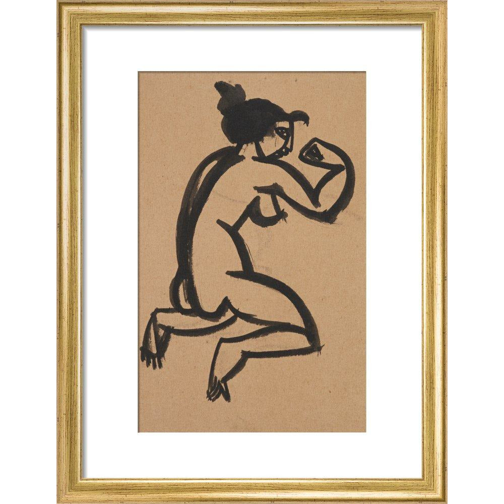 Female nude, kneeling and flexing right arm - Art print