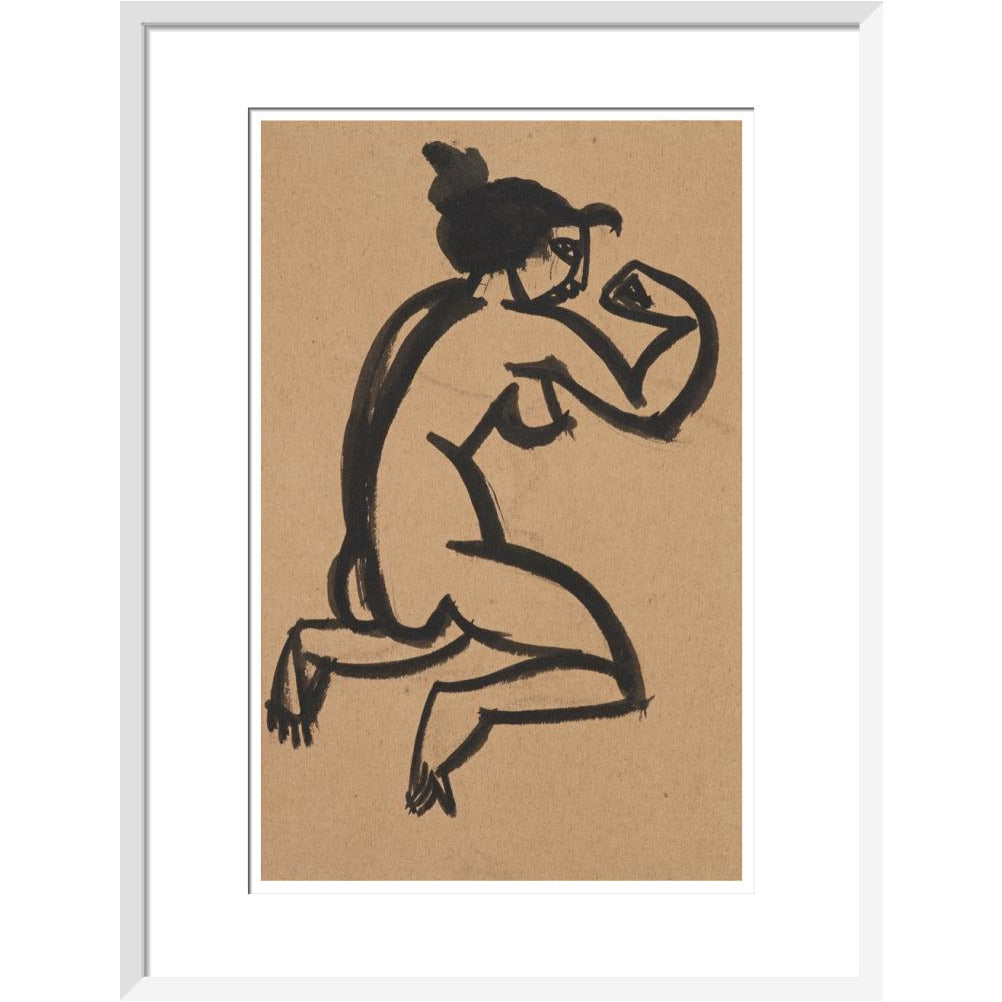 Female nude, kneeling and flexing right arm - Art print