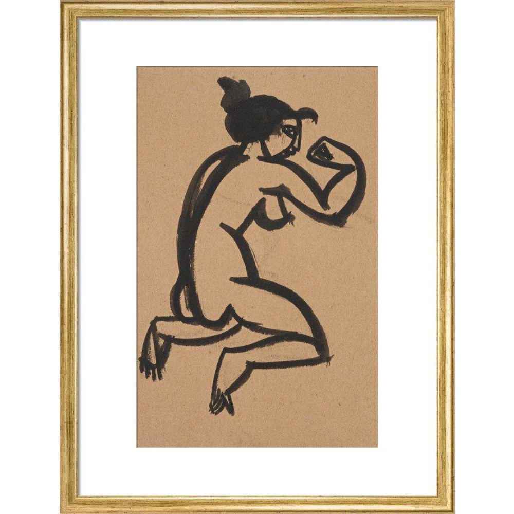 Female nude, kneeling and flexing right arm - Art print