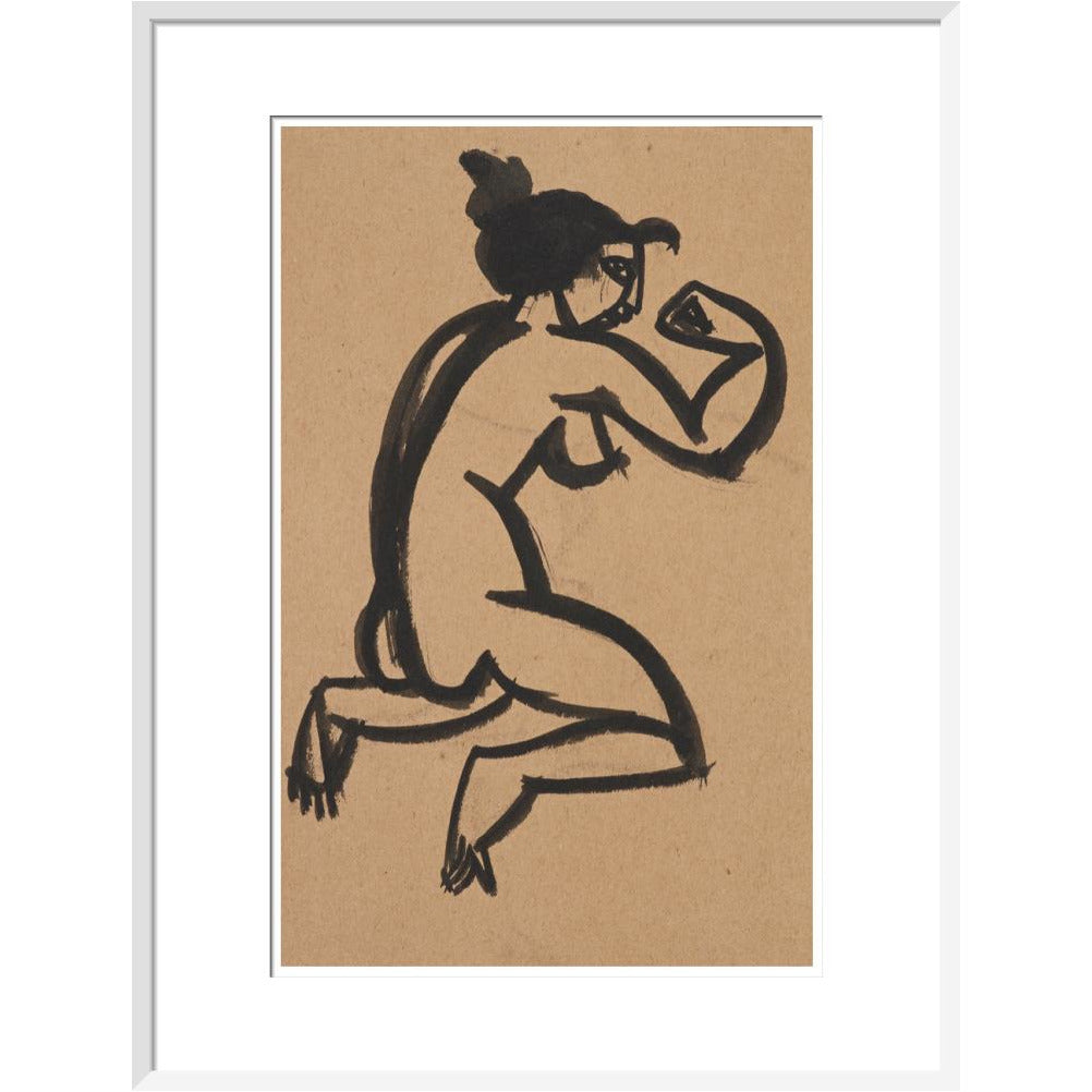 Female nude, kneeling and flexing right arm - Art print