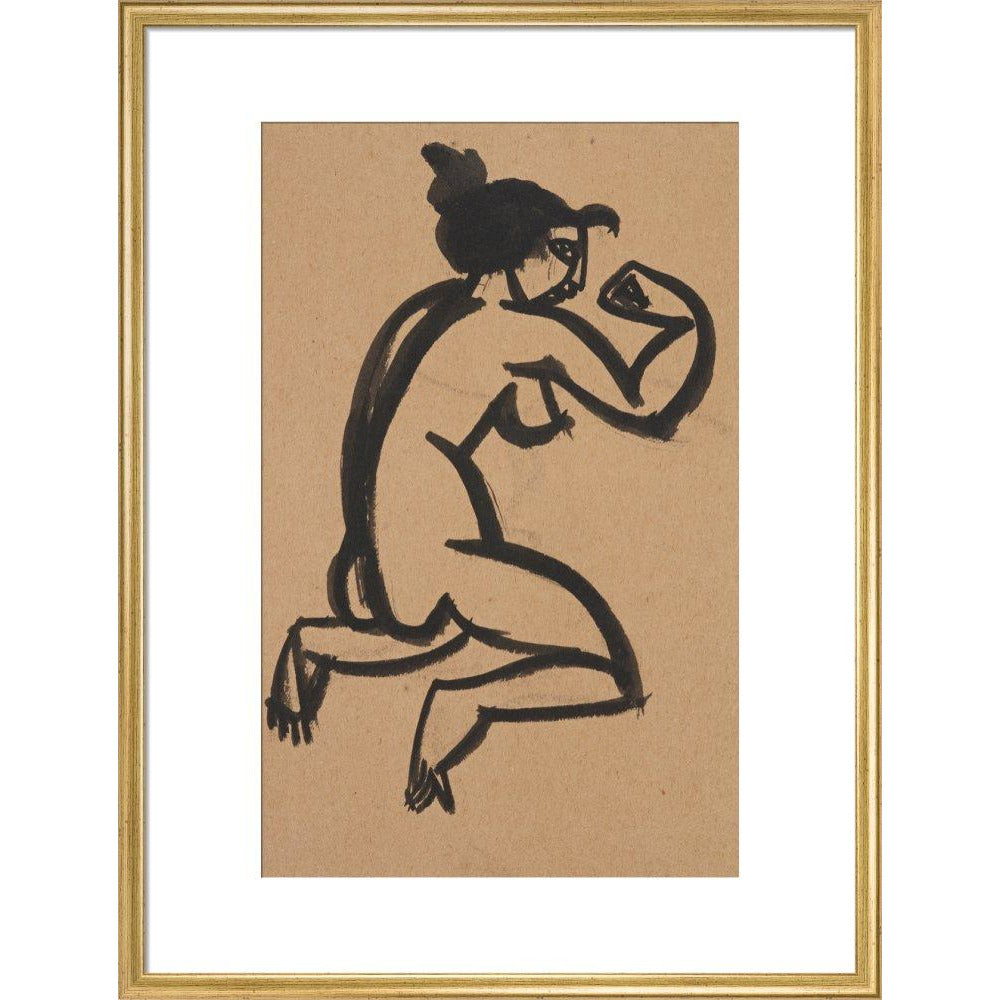 Female nude, kneeling and flexing right arm - Art print