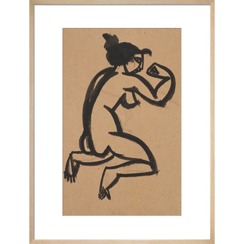 Female nude, kneeling and flexing right arm - Art print