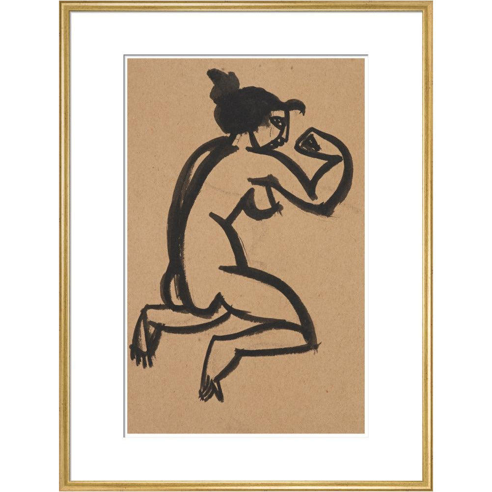 Female nude, kneeling and flexing right arm - Art print