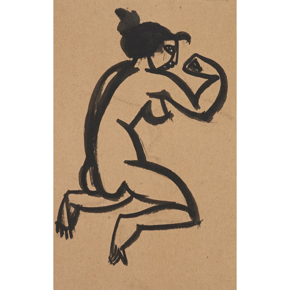 Female nude, kneeling and flexing right arm - Art print