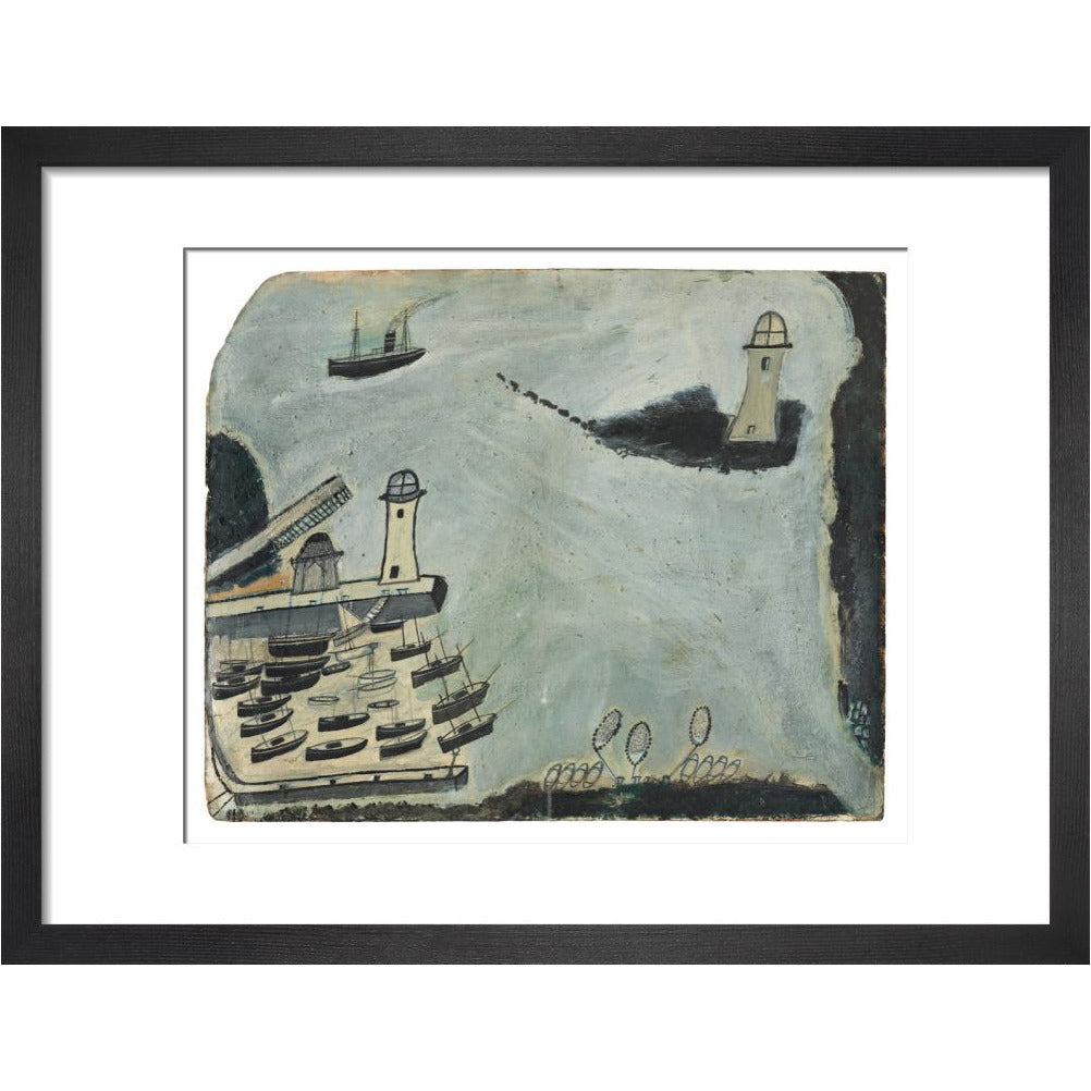 Harbour with two lighthouses and motor vessel - Art print