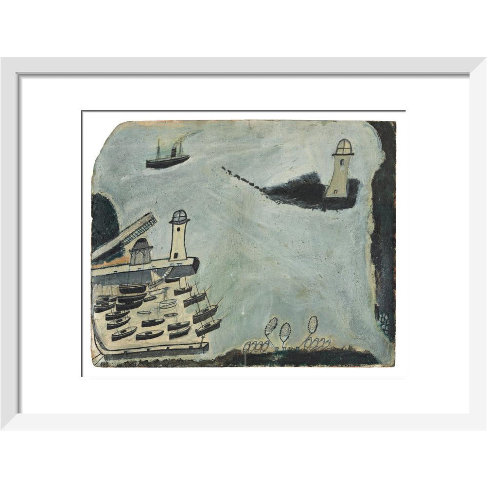 Harbour with two lighthouses and motor vessel - Art print