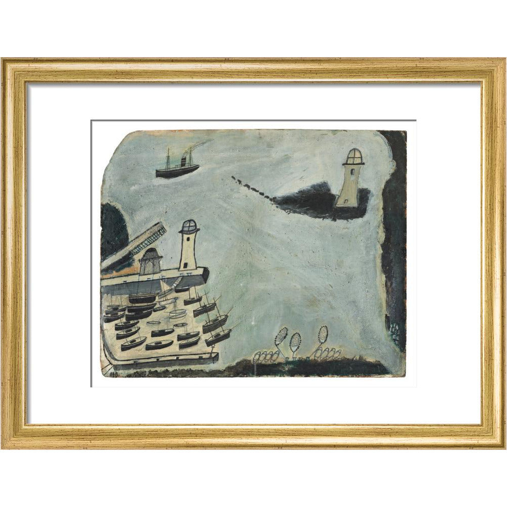 Harbour with two lighthouses and motor vessel - Art print