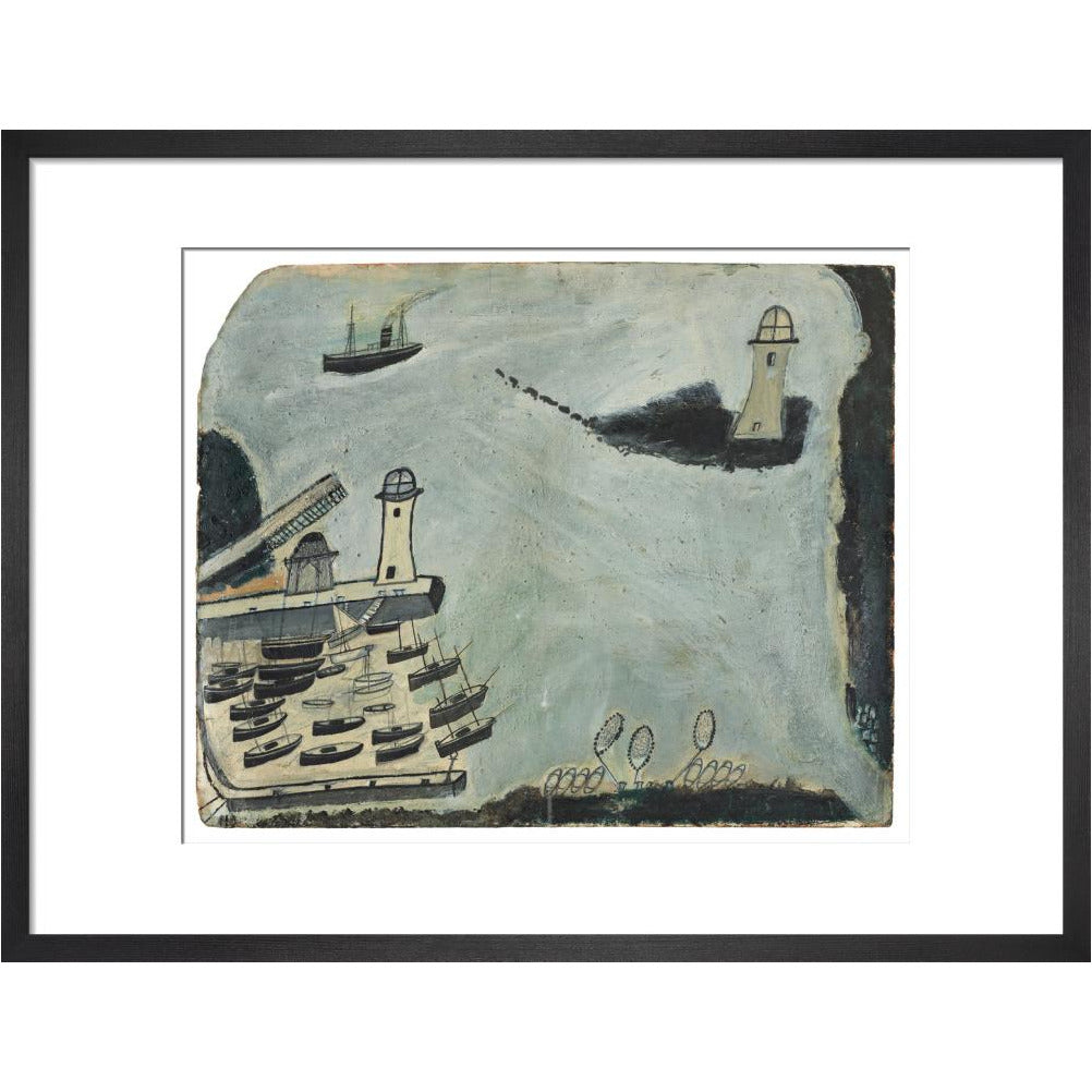 Harbour with two lighthouses and motor vessel - Art print