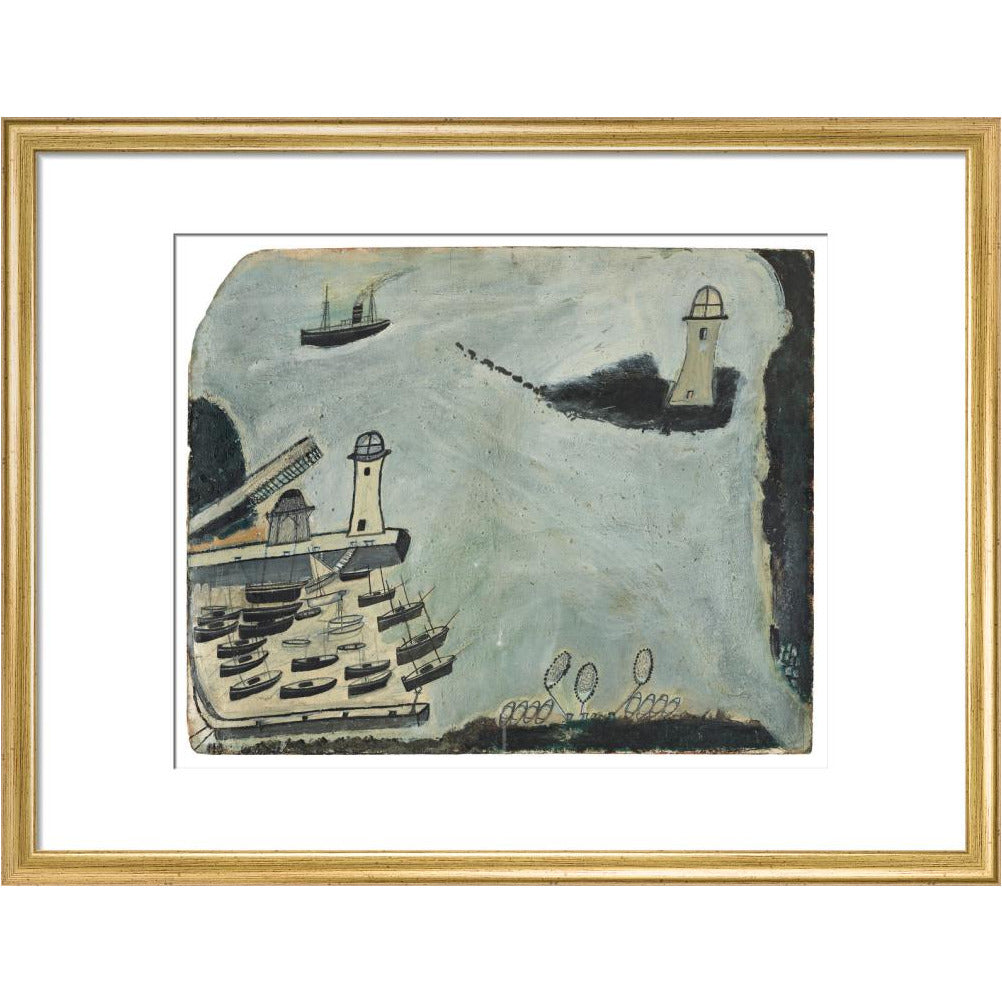 Harbour with two lighthouses and motor vessel - Art print