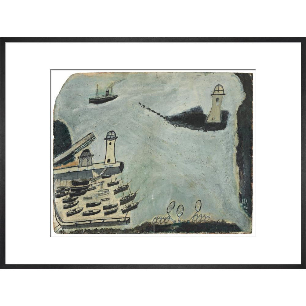 Harbour with two lighthouses and motor vessel - Art print