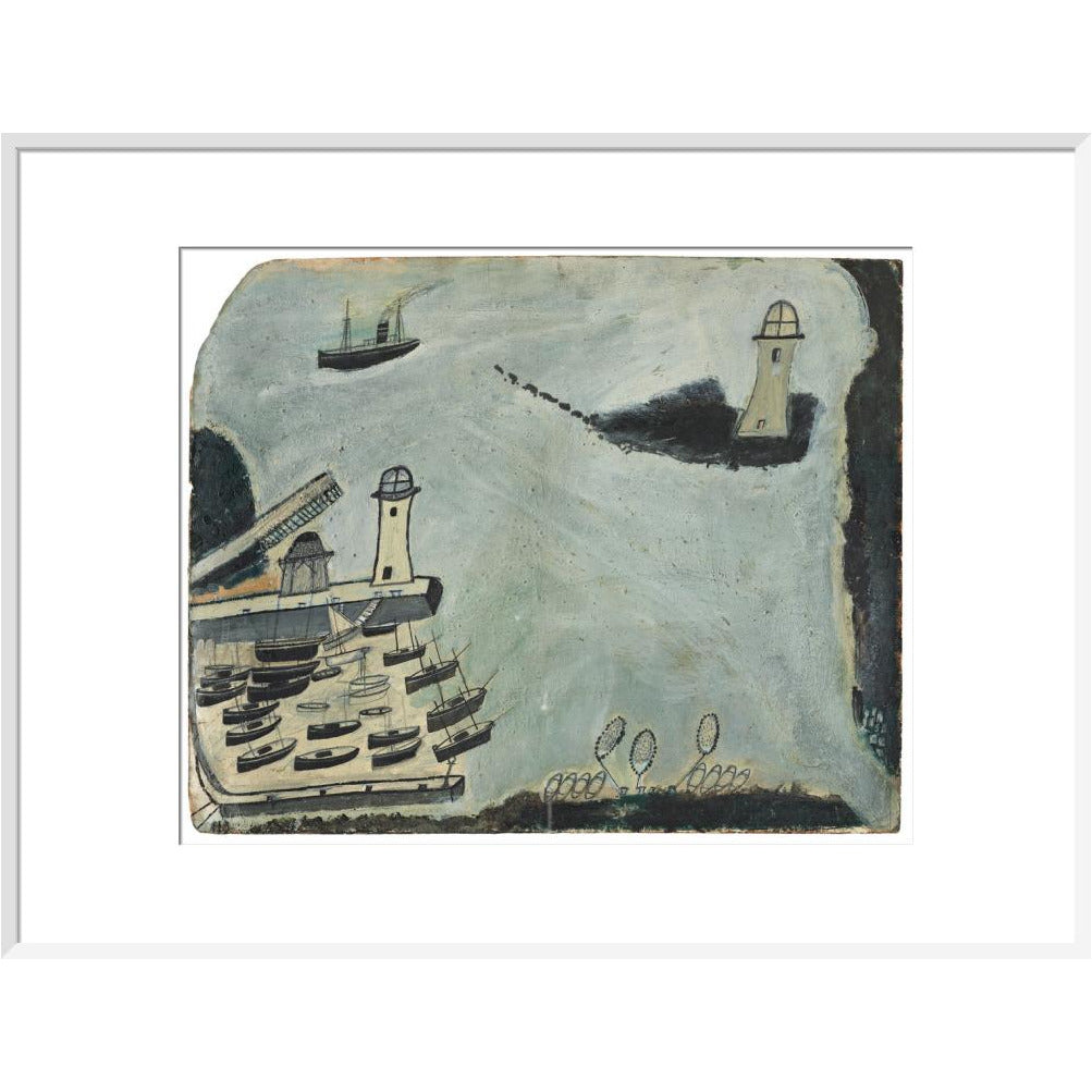 Harbour with two lighthouses and motor vessel - Art print