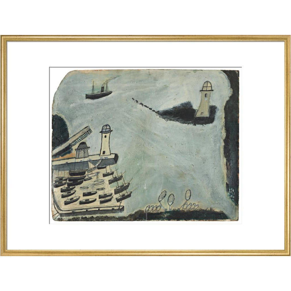 Harbour with two lighthouses and motor vessel - Art print