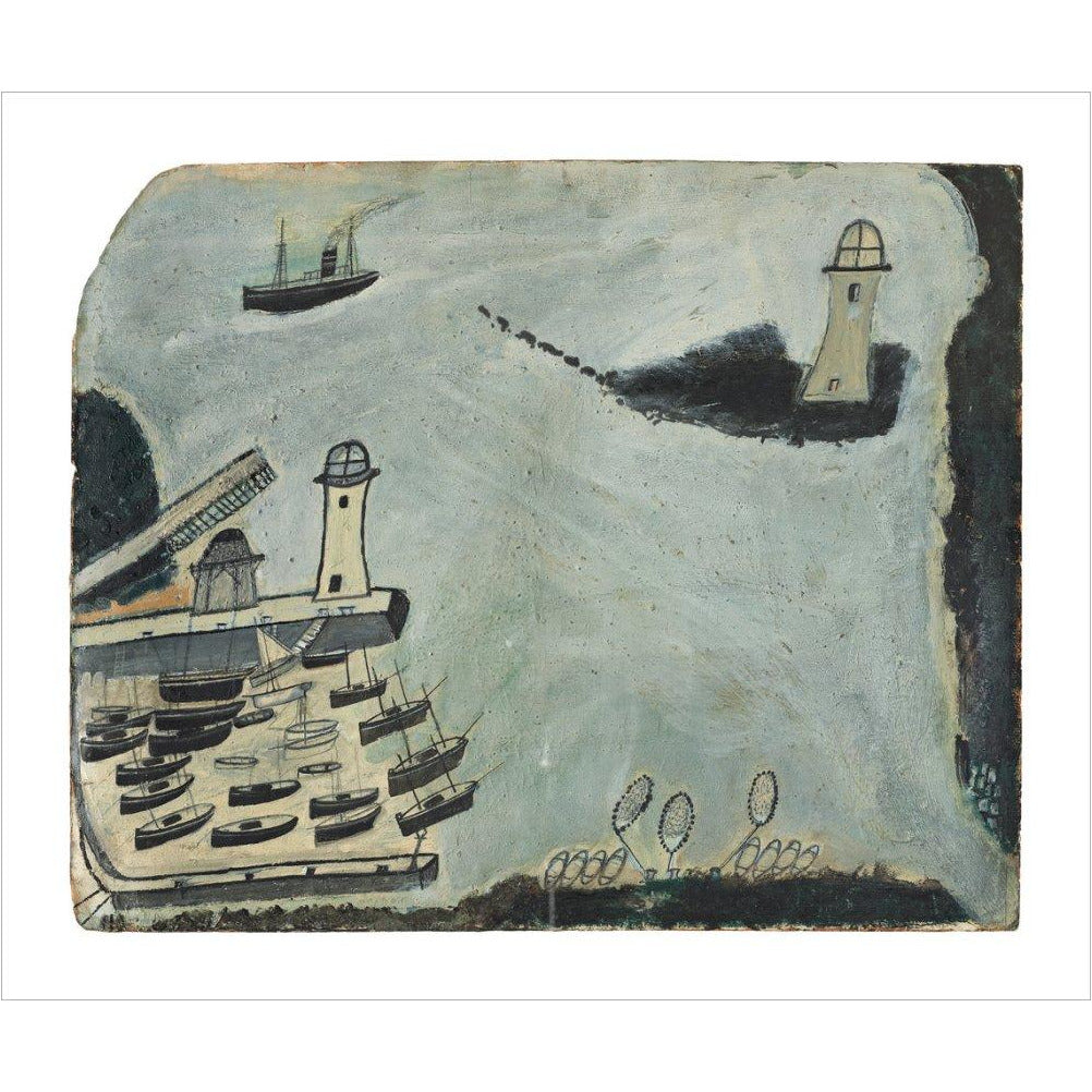 Harbour with two lighthouses and motor vessel - Art print