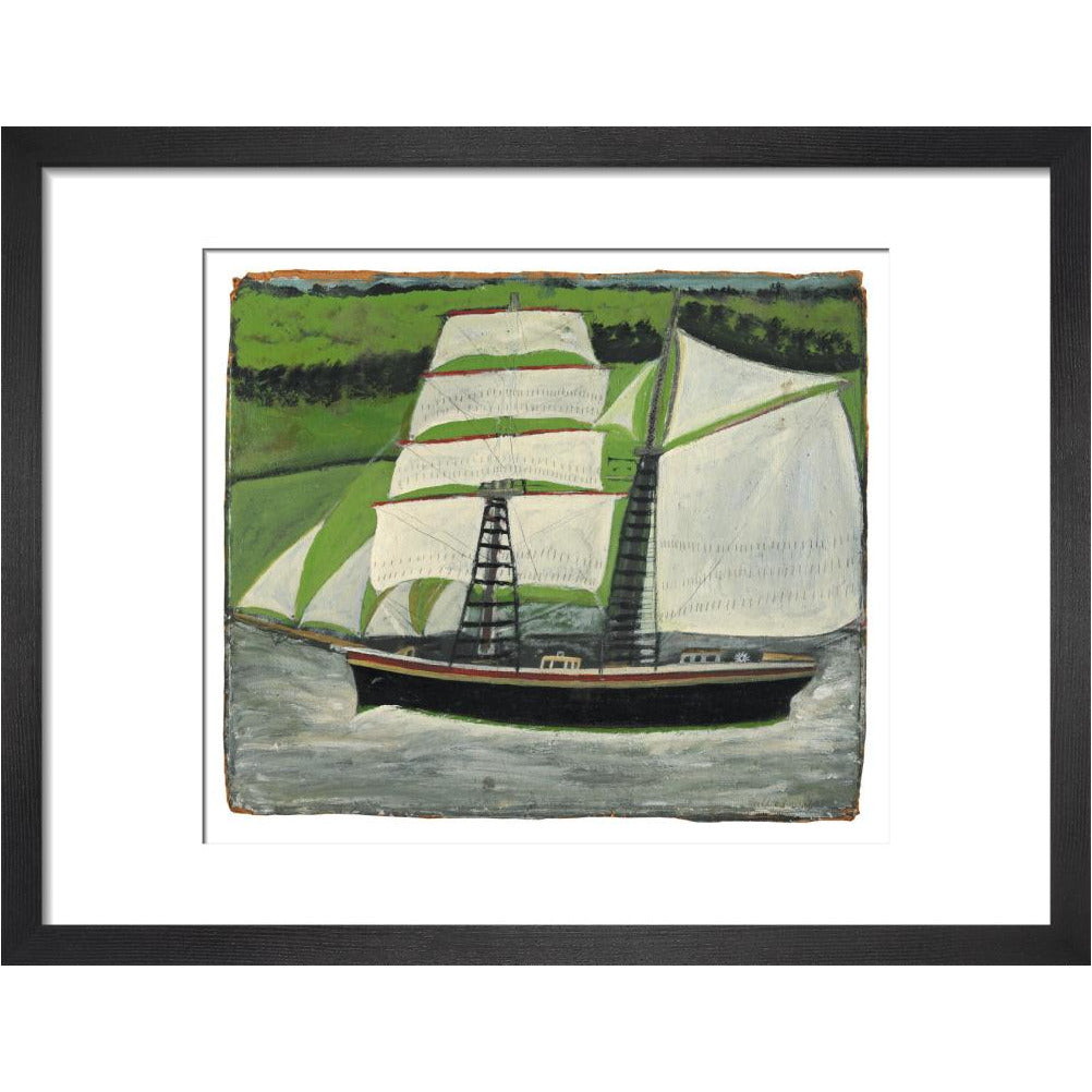 Brigantine sailing past green fields - Art print