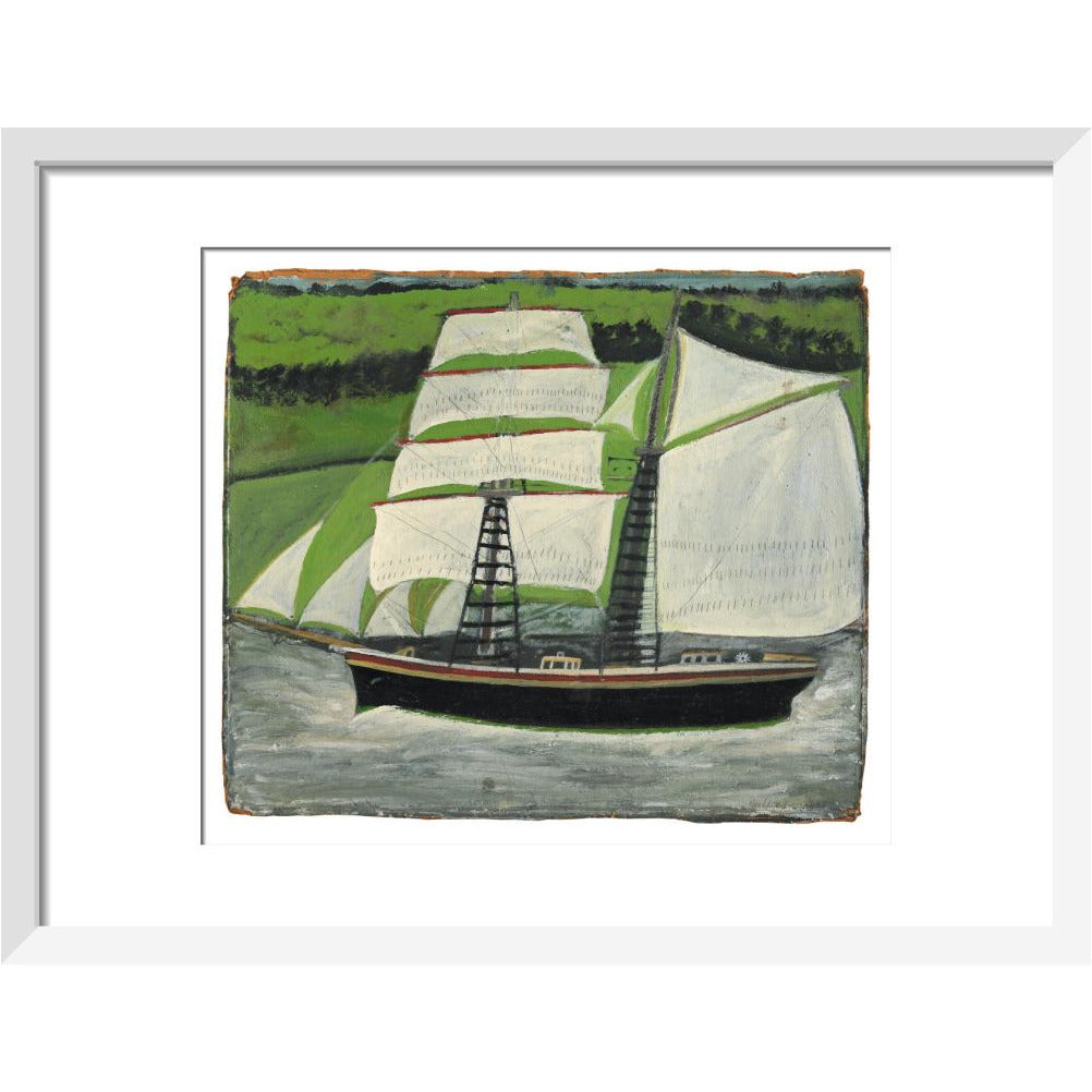 Brigantine sailing past green fields - Art print