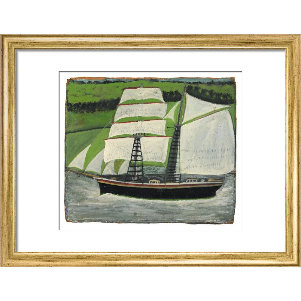 Brigantine sailing past green fields - Art print